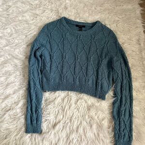 Forever 21 Teal Cable Knit Cropped Sweater